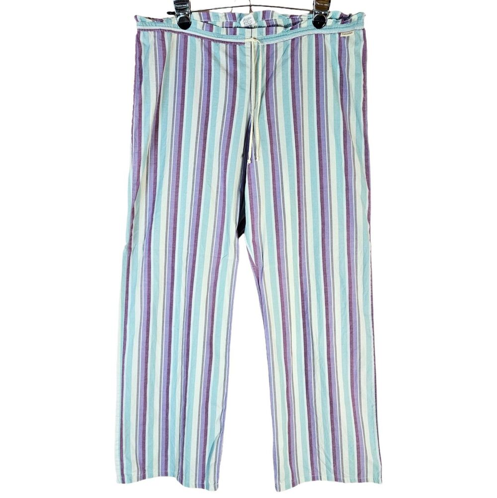 Calvin Klein Striped Cotton Wide Leg Pants Women's Medium Drawstring Lightweight